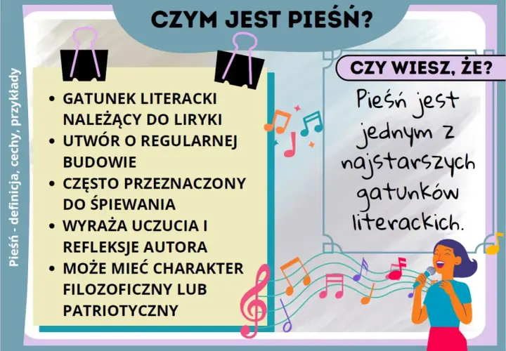 Cechy gatunkowe pieśni: liryka, regularna budowa, śpiewność, wyrażanie uczuć, filozoficzny lub patriotyczny charakter.