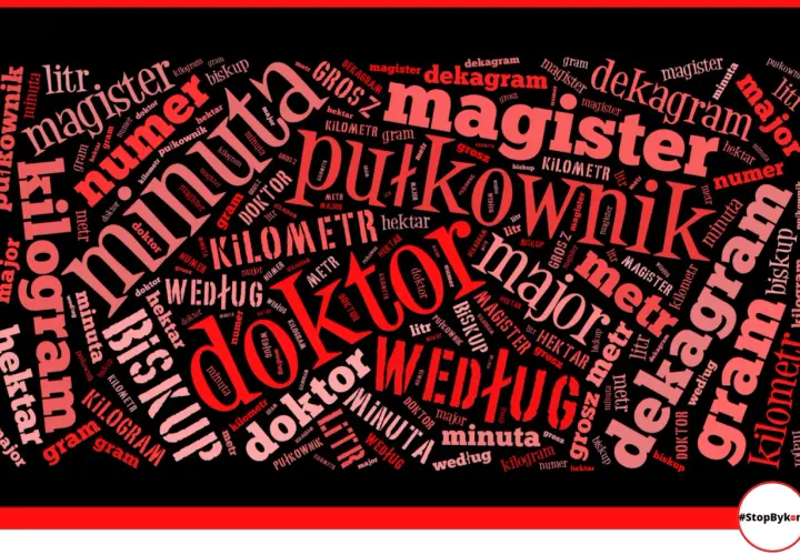 Słowa kluczowe: litr, metr, gram, kilogram, kilometr, hektar, dekagram, grosz, minuta, doktor, magister, pułkownik, major, biskup, numer, według. Mgr z kropką czy bez?