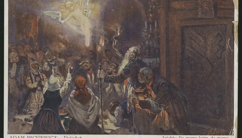 Scena z "Dziadów" cz. III: tłum ludzi wznosi ręce ku aniołkowi, który mówi "Do mamy lecim, do mamy".