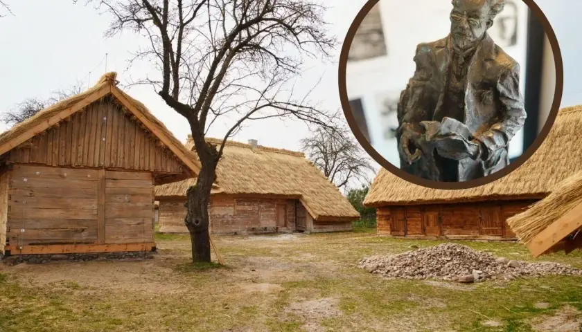Chłopi miejsce akcji: drewniane chaty kryte strzechą i pomnik mężczyzny z książką.