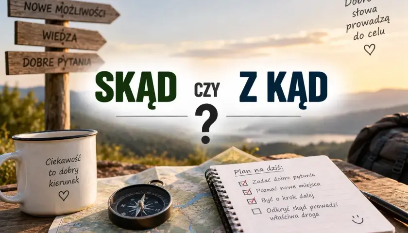 Droga do celu zaczyna się od pytań: SKĄD czy Z KĄD? Kompas, mapa i notatnik z planem dnia sugerują podróż pełną odkryć.