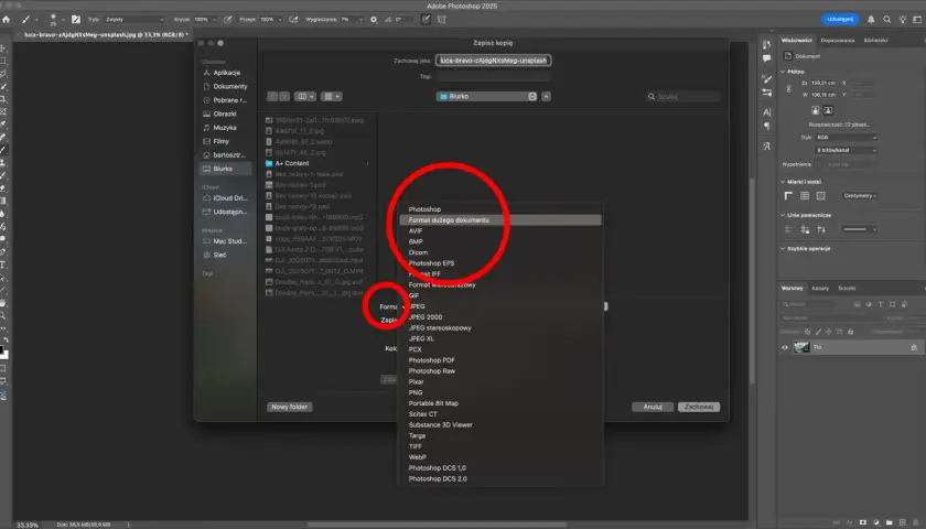 Wybieranie formatu "Format dużego dokumentu" w Photoshopie, jak post scriptum skrót do zapisania pliku.