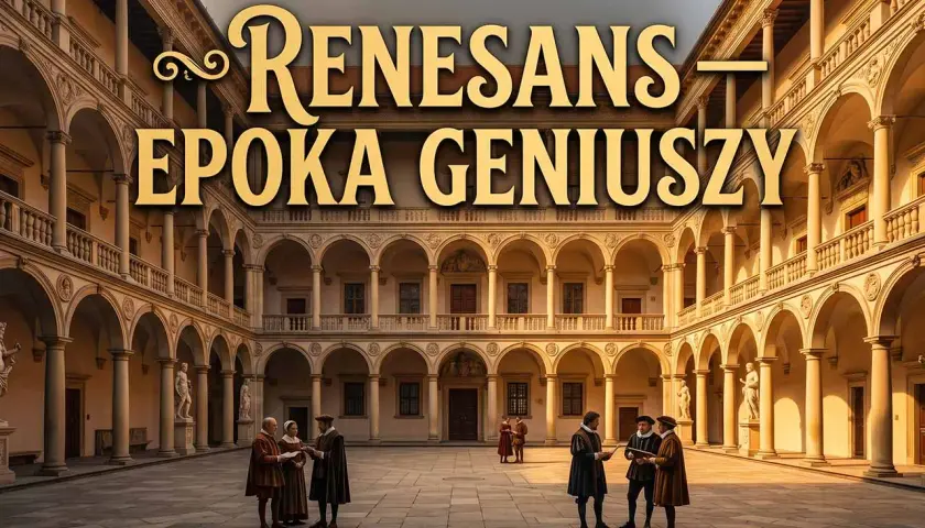 Renesans – epoka geniuszy. Włoskie dziedzińce, ludzie w strojach z epoki, dyskutujący o sztuce i nauce.