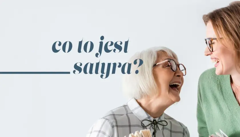 Dwie kobiety śmieją się, trzymając książki. Na ekranie widnieje napis "co to jest satyra?".