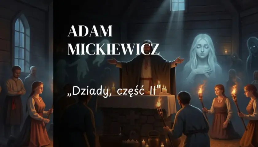 Scena z "Dziady cz. II" Adama Mickiewicza: obrzęd przywoływania duchów w mrocznej izbie, z płonącymi pochodniami i widmami.