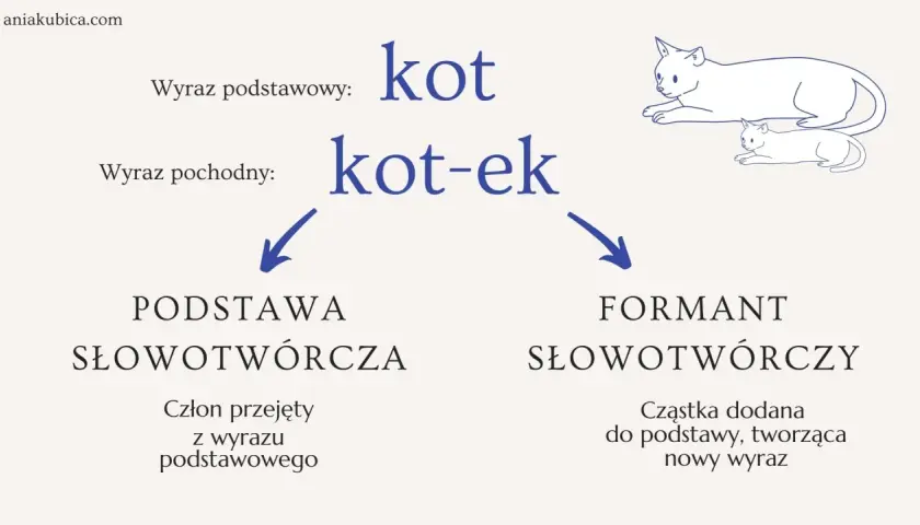 Konstatacja co to: "kot" to wyraz podstawowy, "kot-ek" to wyraz pochodny. Ilustracja pokazuje proces tworzenia nowego wyrazu.