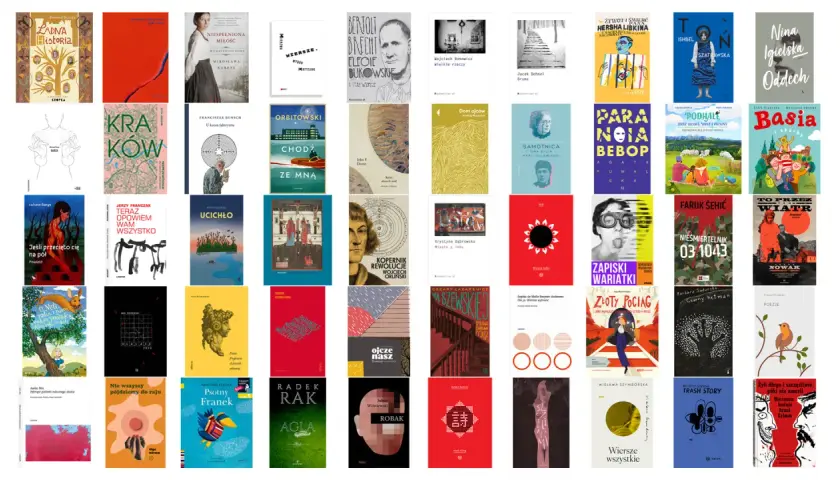 Książki w różnych stylach, od ilustrowanych po minimalistyczne. Wiele okładek z portretami, pejzażami i abstrakcyjnymi wzorami. To przegląd literatury, gdzie cezura co to jest, może być tematem.