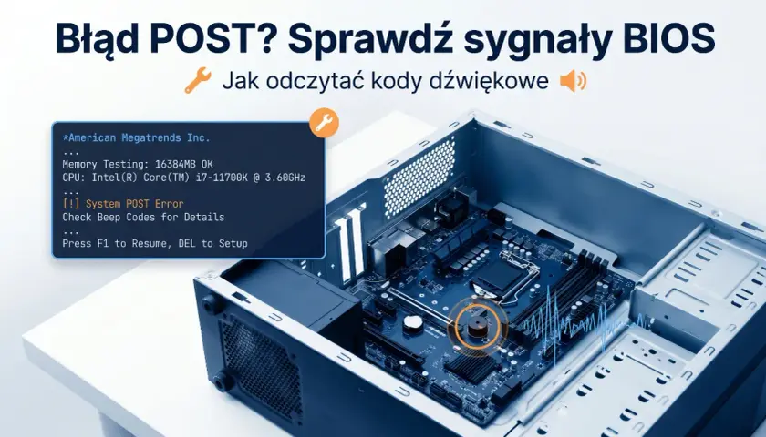 Błąd POST? Jak odczytać sygnały BIOS. Na ekranie komunikat o błędzie, obok płyta główna komputera.