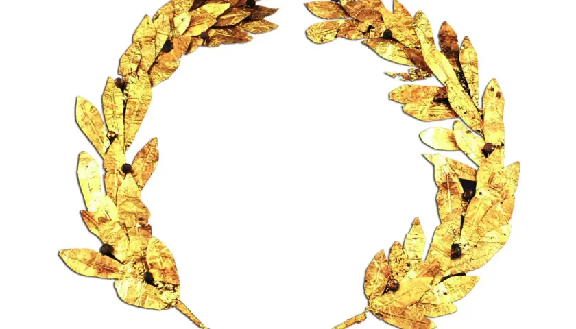 Złoty wieniec laurowy, symbol triumfu i natchnienia. Poeta prosi Apollina o inspirację, by stworzyć dzieło godne wiecznej chwały.