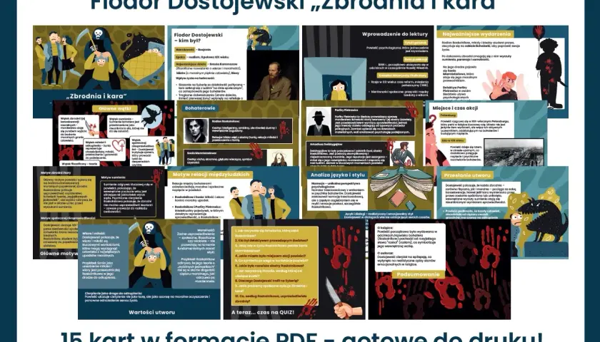 Plan wydarzeń "Zbrodni i kary" Dostojewskiego: od zbrodni Raskolnikowa, przez jego walkę z sumieniem, po odkupienie dzięki Soni.