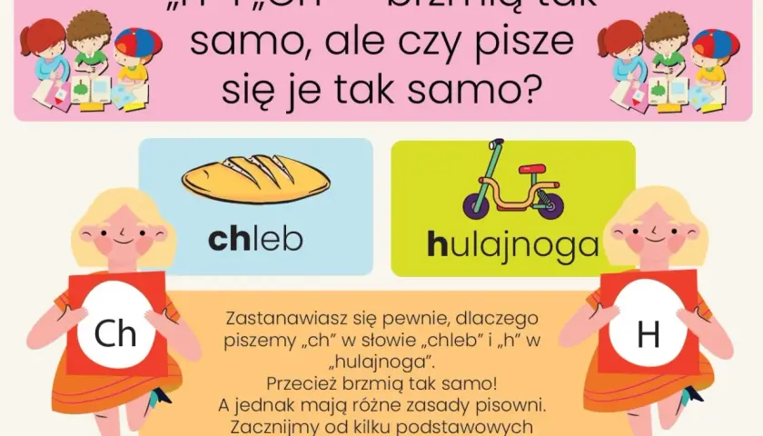 Chleb i hulajnoga brzmią podobnie, ale czy pisze się je tak samo? Obrazek wyjaśnia różnice między "h" a "ch".