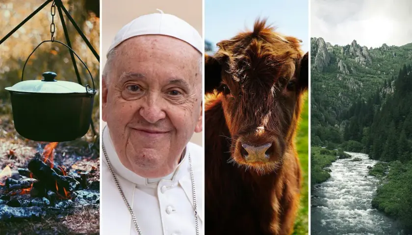 Kocioł nad ogniskiem, Papież Franciszek, brązowa krowa i górska rzeka. Jakby przyganiał kocioł garnkowi, każdy element ma swoją historię.
