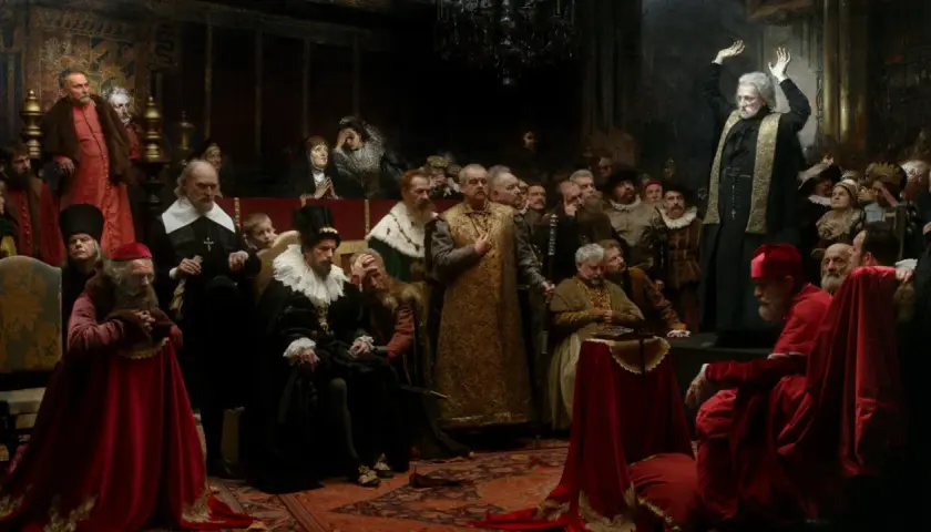 Kazania sejmowe streszczenie: malowidło przedstawia historyczną scenę z udziałem duchownych i szlachty, gdzie jeden z mówców wygłasza płomienne przemówienie.