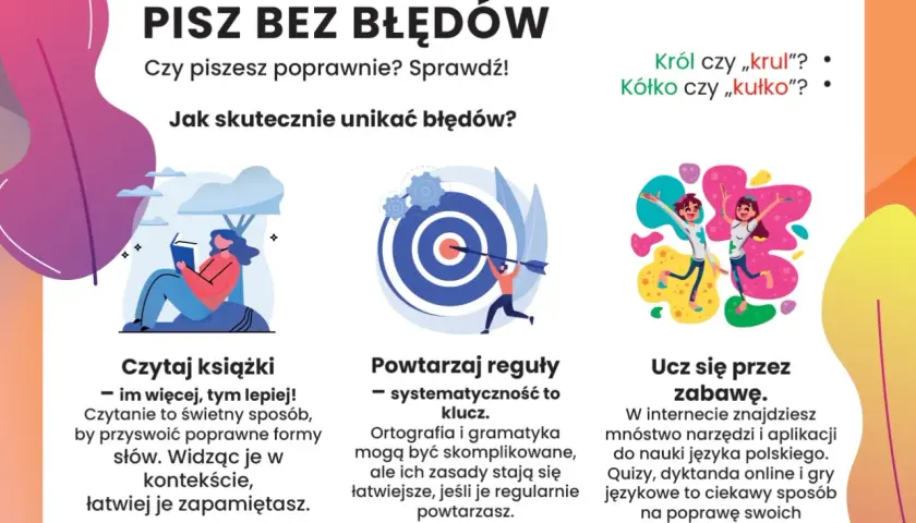 Grafika zachęca do pisania bez błędów, podając sposoby: czytaj książki, powtarzaj reguły i ucz się przez zabawę. Król czy „krul"? Kółko czy „kułko"?