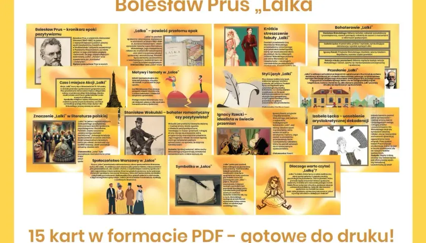 Lalka - powieść Bolesława Prusa, ukazująca społeczeństwo Warszawy końca XIX wieku. W tle wieża Eiffla, symbol postępu.