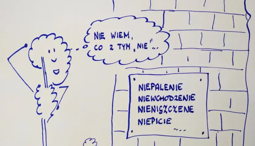 Postać z chmurką myśli "Nie wiem, co z tym nie..." stoi przed murem z napisem "Niepalenie, niewchodzenie, nieniszczenie, niepicie". Czy to wszystko razem, czy osobno?