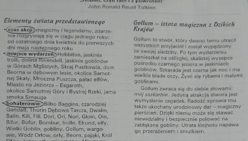 Notatki z lektury "Hobbit, czyli tam i z powrotem". Opis Golluma, jego pochodzenia i cech.