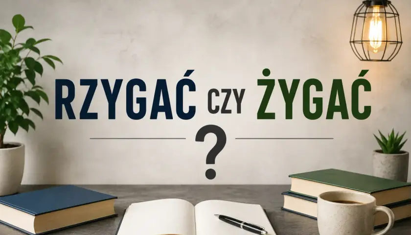 Biurko z książkami, notatnikiem i kawą. Napis: "Rzygać czy żygać?". Dylemat językowy.