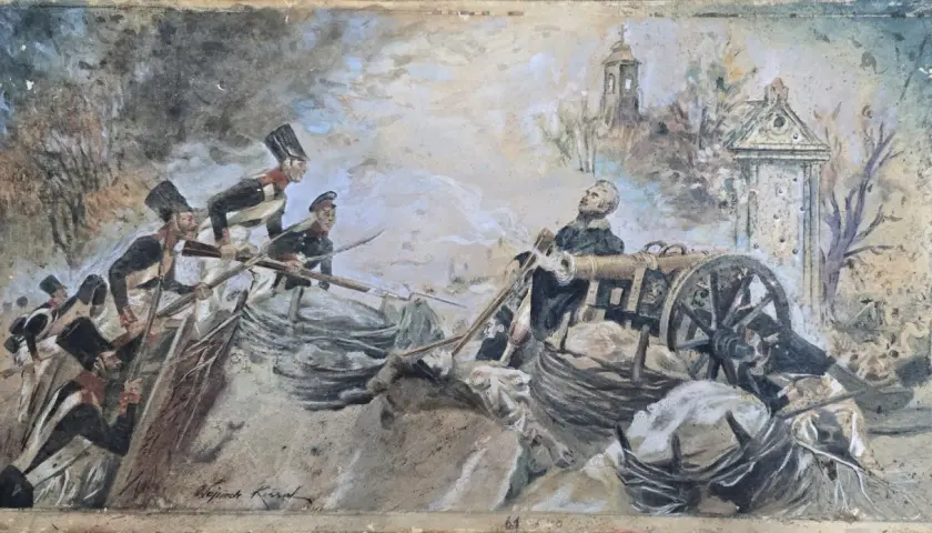 Sowiński w okopach woli, walczy z artylerią. Żołnierze w historycznych strojach, dym i zniszczenia.