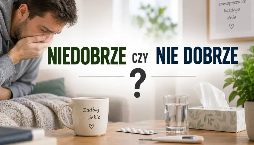 Chory mężczyzna kaszle, obok kubek "Zadbaj o siebie", leki i termometr. Czy to niedobrze, czy nie dobrze?