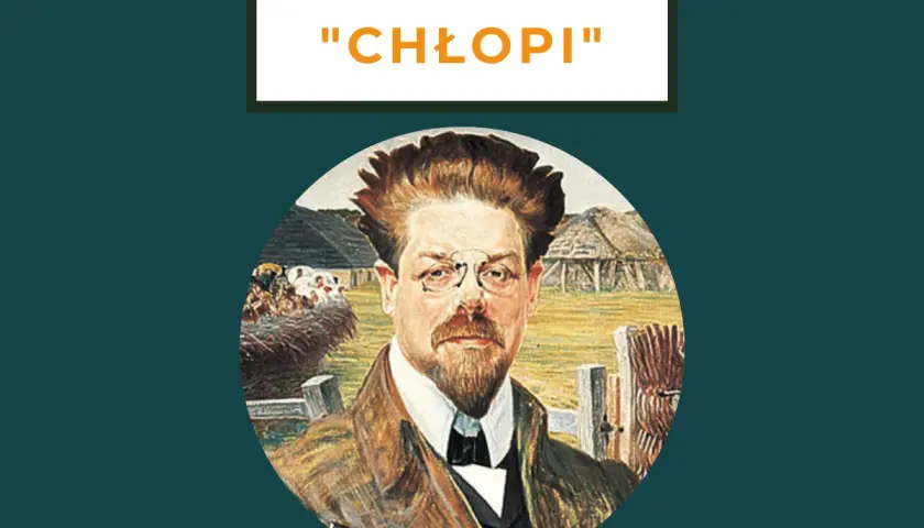 Portret mężczyzny w okularach na tle wiejskiego krajobrazu, nawiązujący do "Chłopów" Reymonta. Jesień na wsi.