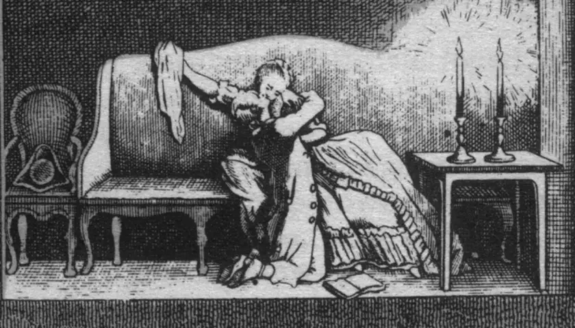 Kobieta w objęciach, przy świecach, symbolizuje irracjonalizm w romantyzmie, gdzie emocje i wyobraźnia dominują nad rozumem.