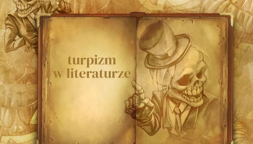Otwarta księga z napisem "turpizm w literaturze". Po prawej szkic szkieletu w cylindrze i garniturze, wskazującego palcem.