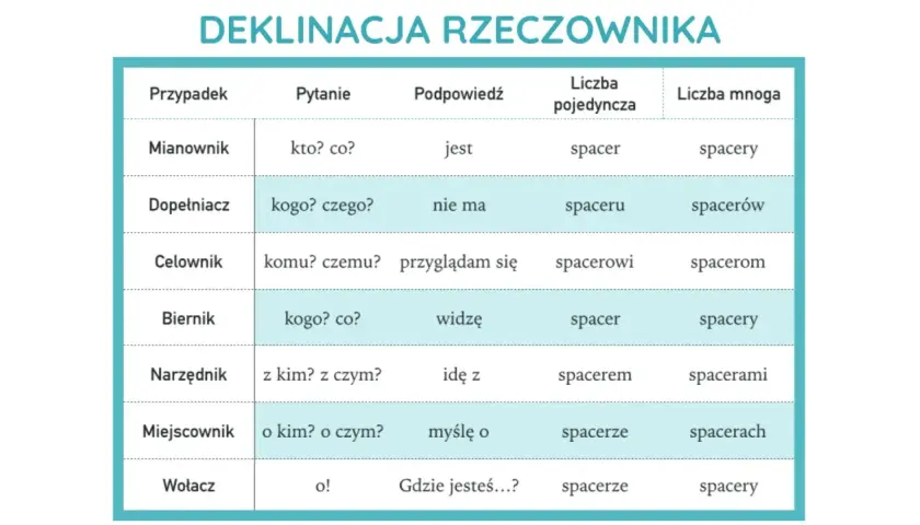Tabela pokazuje odmianę rzeczownika "spacer" przez przypadki. Warto sprawdzić, czy w **poradni** znajdziemy więcej przykładów.