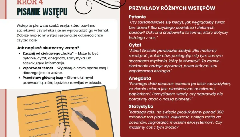 Jak napisać wstęp do eseju? Poznaj przykłady: pytanie, cytat, anegdota, statystyka. To pierwszy krok do napisania dobrego elaboratu.
