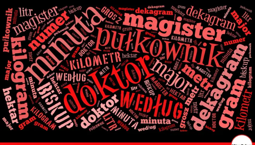 Słowa kluczowe: litr, metr, gram, kilogram, kilometr, hektar, dekagram, grosz, minuta, doktor, magister, pułkownik, major, biskup, numer, według. Mgr z kropką czy bez?