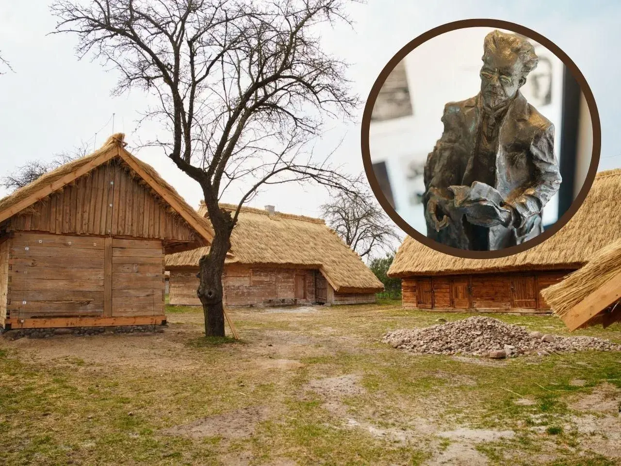 Chłopi miejsce akcji: drewniane chaty kryte strzechą i pomnik mężczyzny z książką.