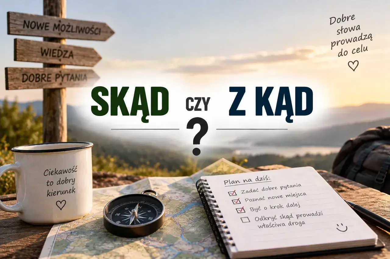 Droga do celu zaczyna się od pytań: SKĄD czy Z KĄD? Kompas, mapa i notatnik z planem dnia sugerują podróż pełną odkryć.