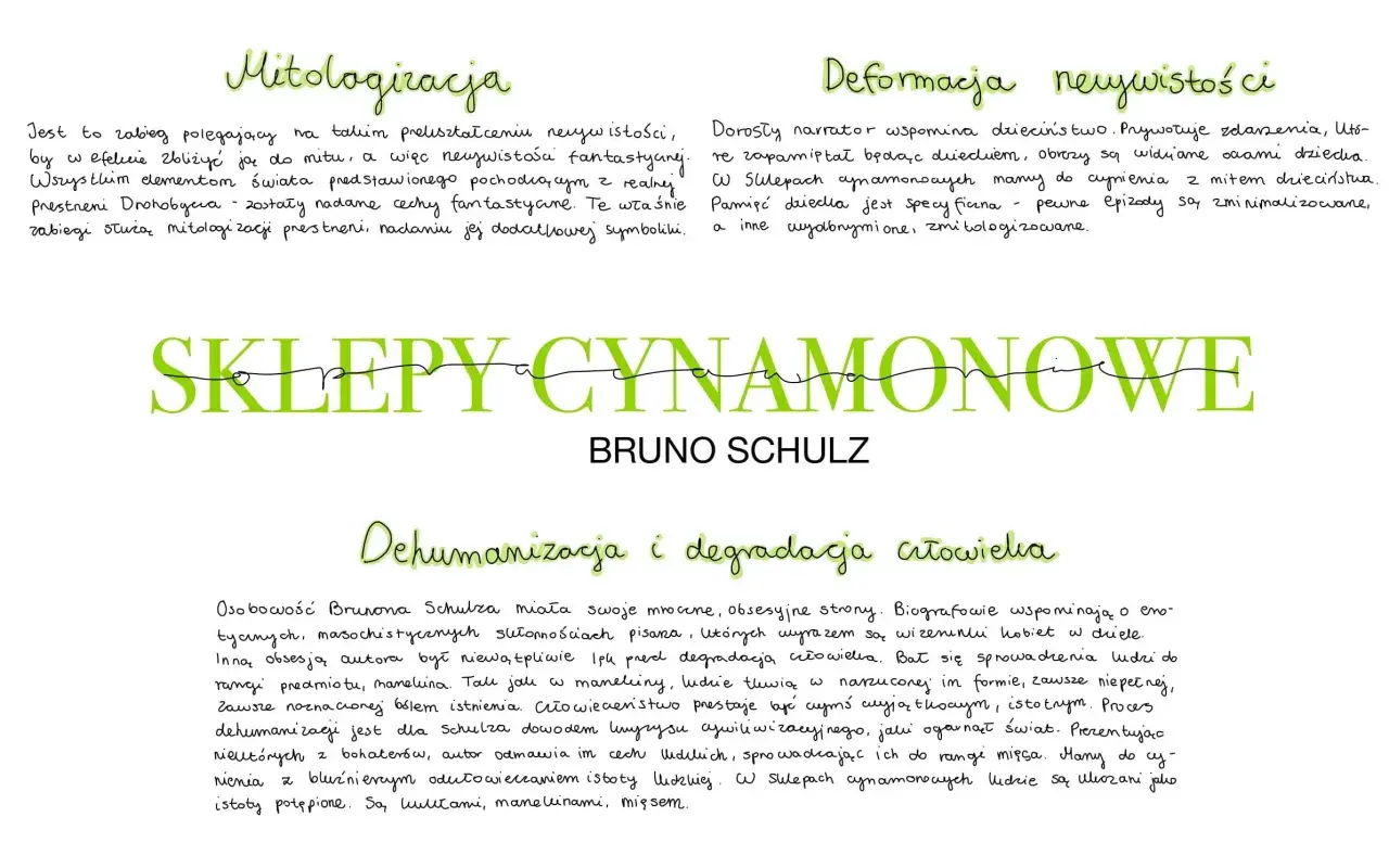 Sklepy cynamonowe streszczenie: mitologizacja, deformacja rzeczywistości, dehumanizacja i degradacja człowieka. Bruno Schulz.