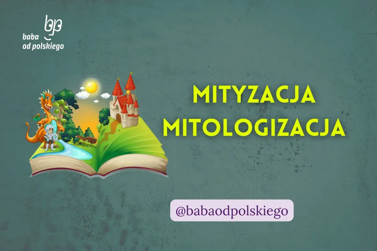 Otwarta księga z baśniową krainą: smok, rycerz, zamek. Tekst: "Mityzacja Mitologizacja". Baba od polskiego.