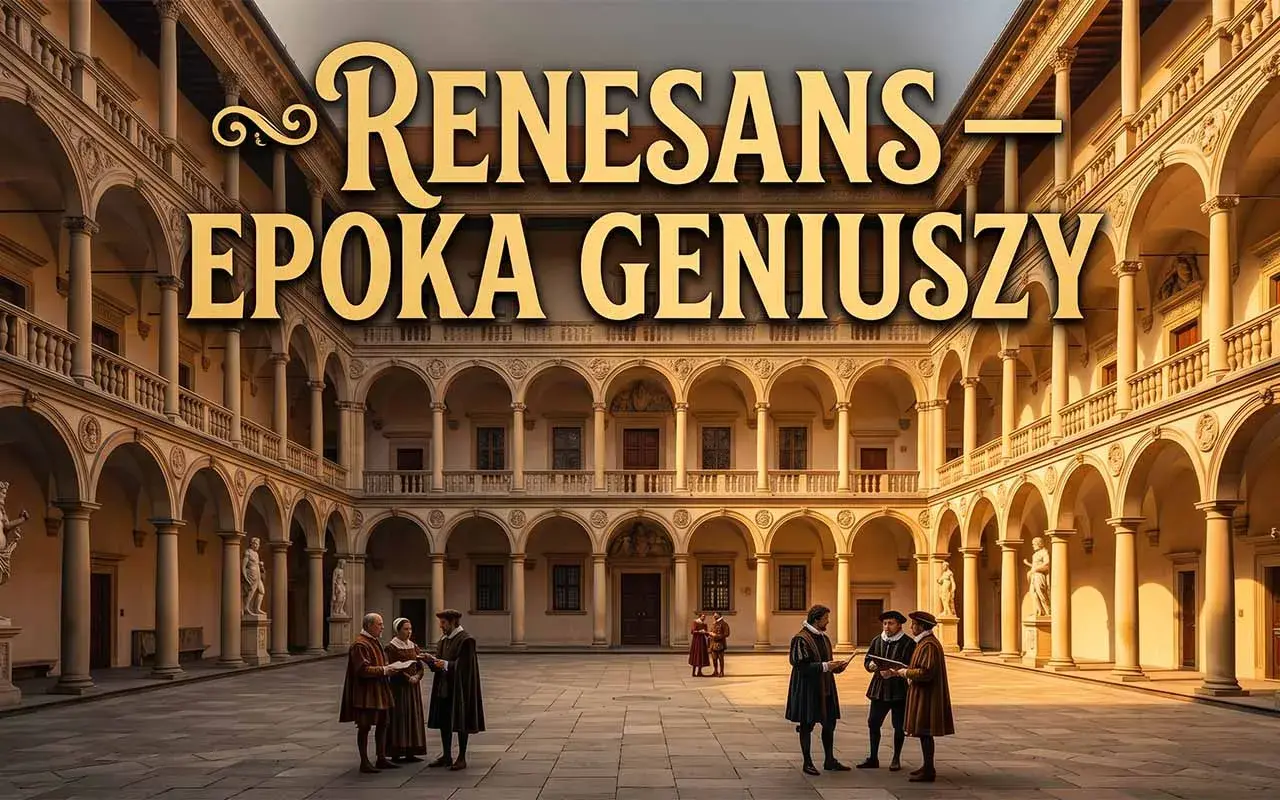 Renesans – epoka geniuszy. Włoskie dziedzińce, ludzie w strojach z epoki, dyskutujący o sztuce i nauce.