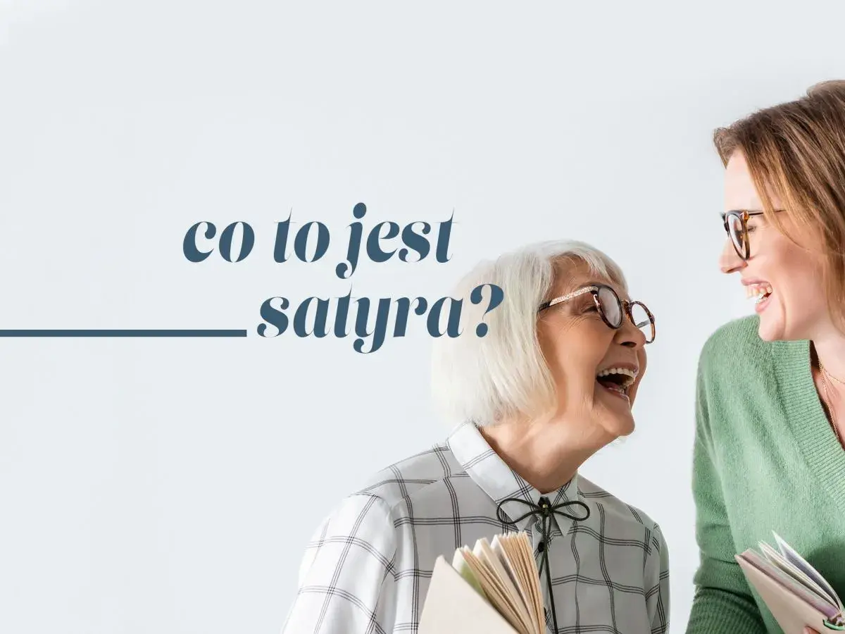 Dwie kobiety śmieją się, trzymając książki. Na ekranie widnieje napis "co to jest satyra?".