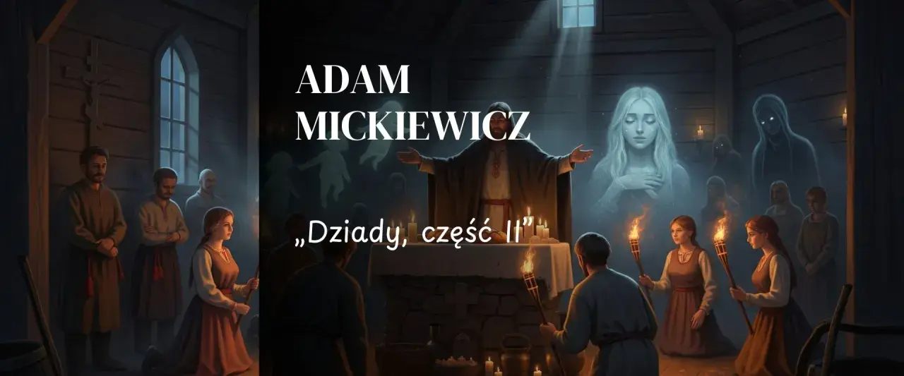 Scena z "Dziady cz. II" Adama Mickiewicza: obrzęd przywoływania duchów w mrocznej izbie, z płonącymi pochodniami i widmami.