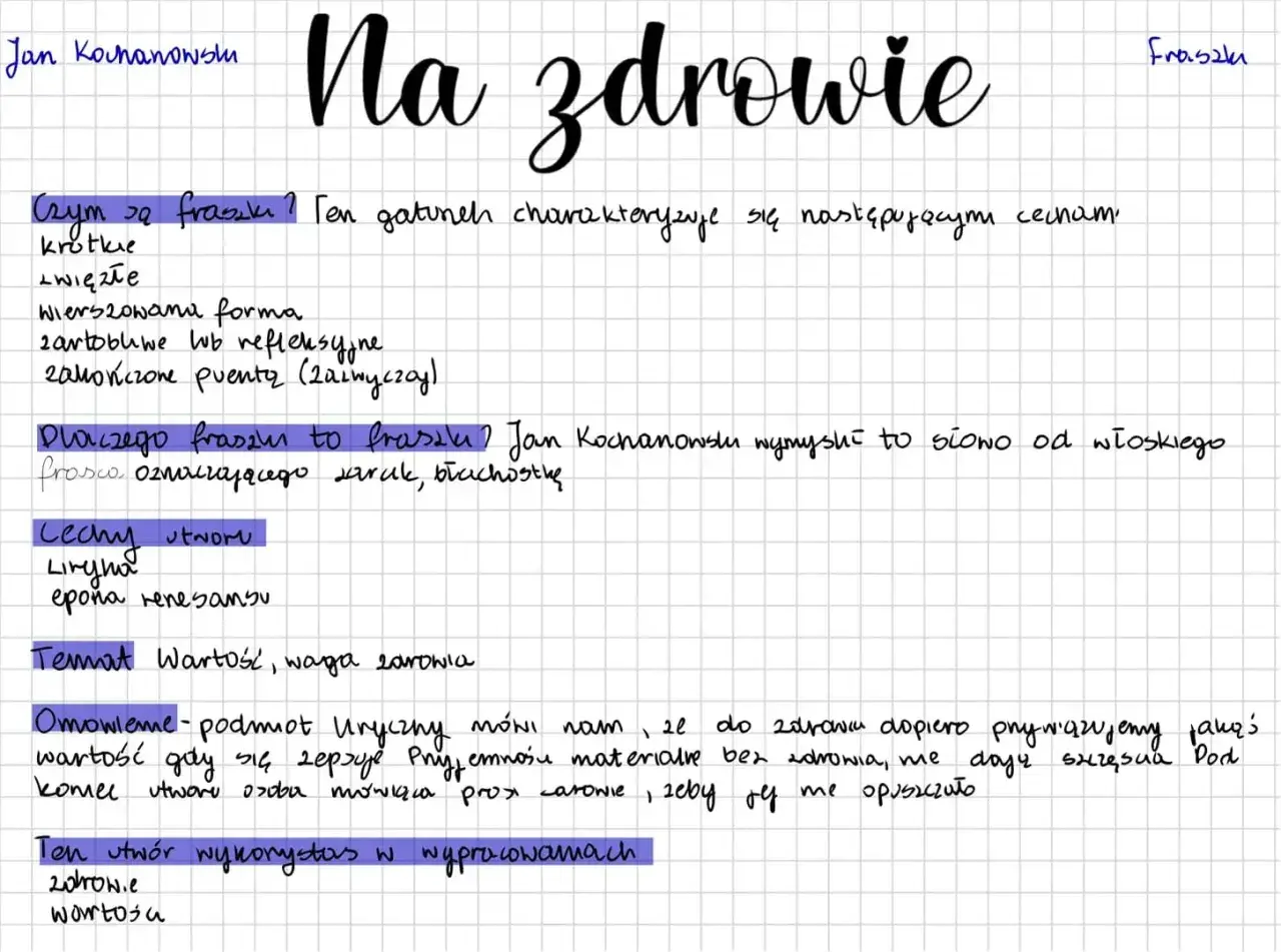 Jan Kochanowski "Na zdrowie" - interpretacja fraszki. Krótka, zwięzła forma, często z puentą.
