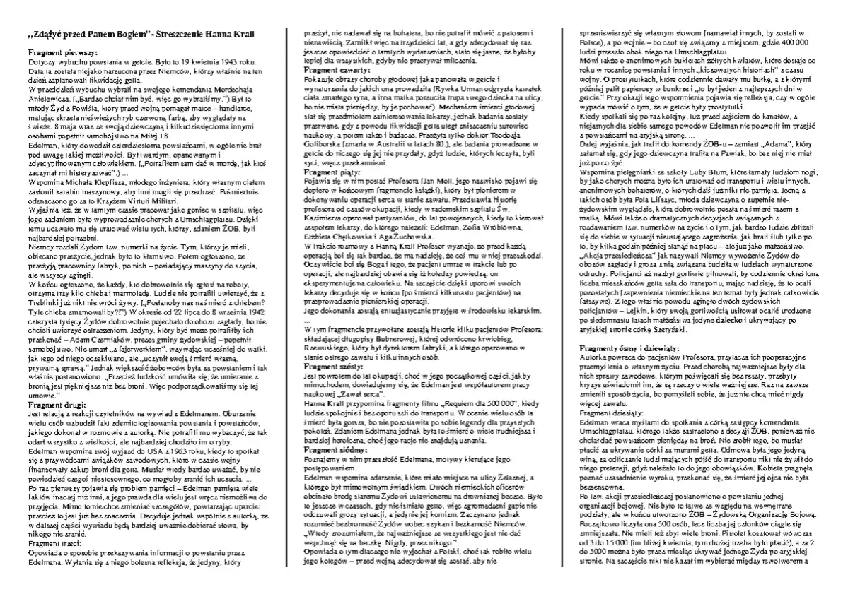Hanna Krall opowiada o powstaniu w getcie, o bohaterach i ich wyborach, o tym, jak trudno było zdążyć przed panem bogiem, gdy życie wisiało na włosku.