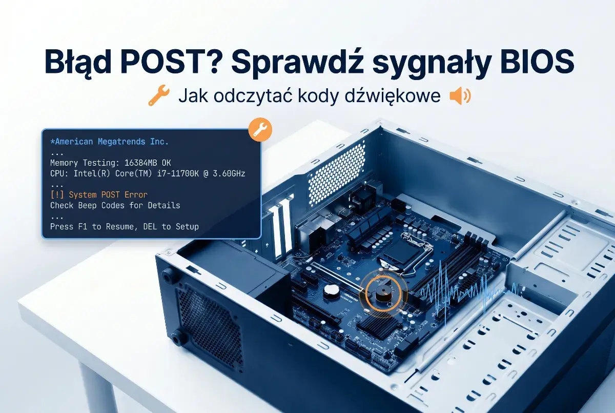 Błąd POST? Jak odczytać sygnały BIOS. Na ekranie komunikat o błędzie, obok płyta główna komputera.