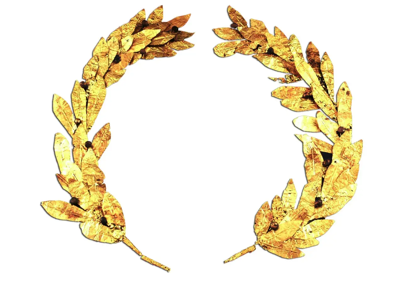 Złoty wieniec laurowy, symbol triumfu i natchnienia. Poeta prosi Apollina o inspirację, by stworzyć dzieło godne wiecznej chwały.