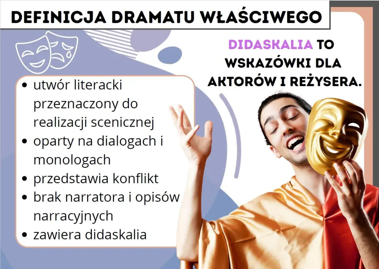 Definicja dramatu: utwór literacki, oparty na dialogach, przedstawia konflikt, zawiera didaskalia – wskazówki dla aktorów i reżysera.