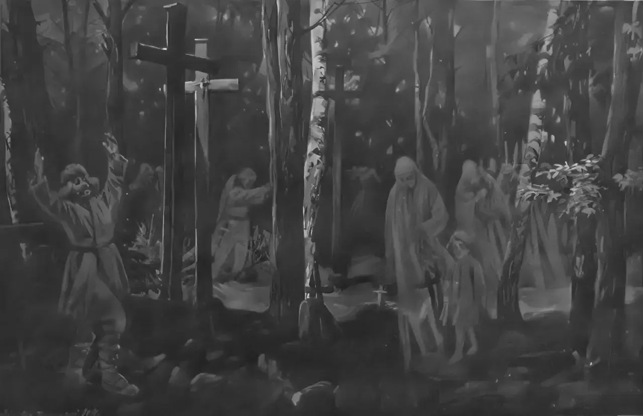 Mroczny las, krzyże, postacie w długich szatach i dziecko. Scena przypomina "mała improwizacja dziady 3".