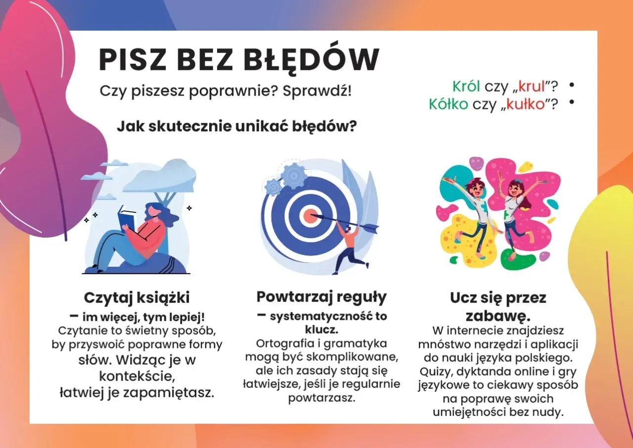 Grafika zachęca do pisania bez błędów, podając sposoby: czytaj książki, powtarzaj reguły i ucz się przez zabawę. Król czy „krul"? Kółko czy „kułko"?