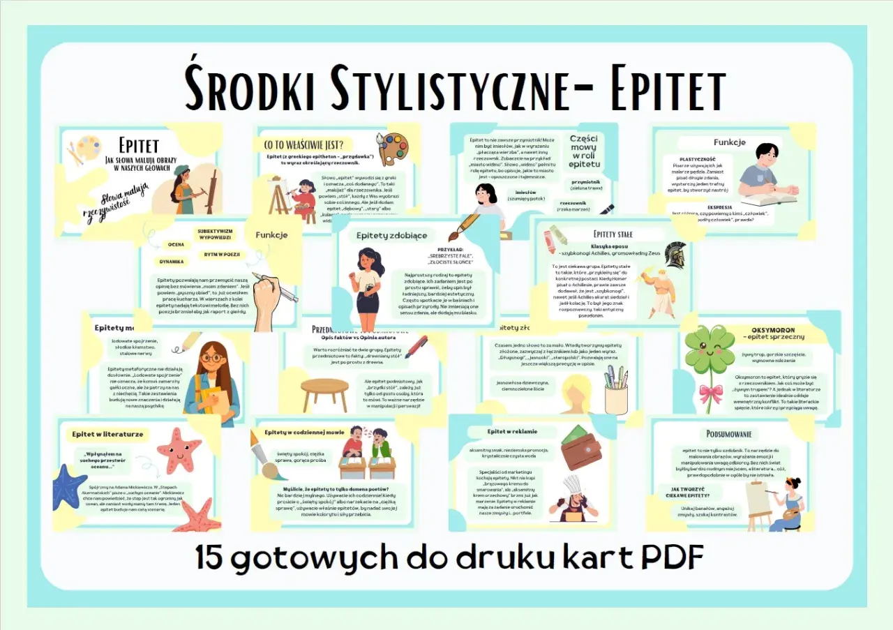 Epitet to słowo, które dodaje kolorytu i znaczenia, jak "zielona trawa" czy "szybkonogi Achilles". Pozwala malować słowami, wyrażać emocje i przekonywać.