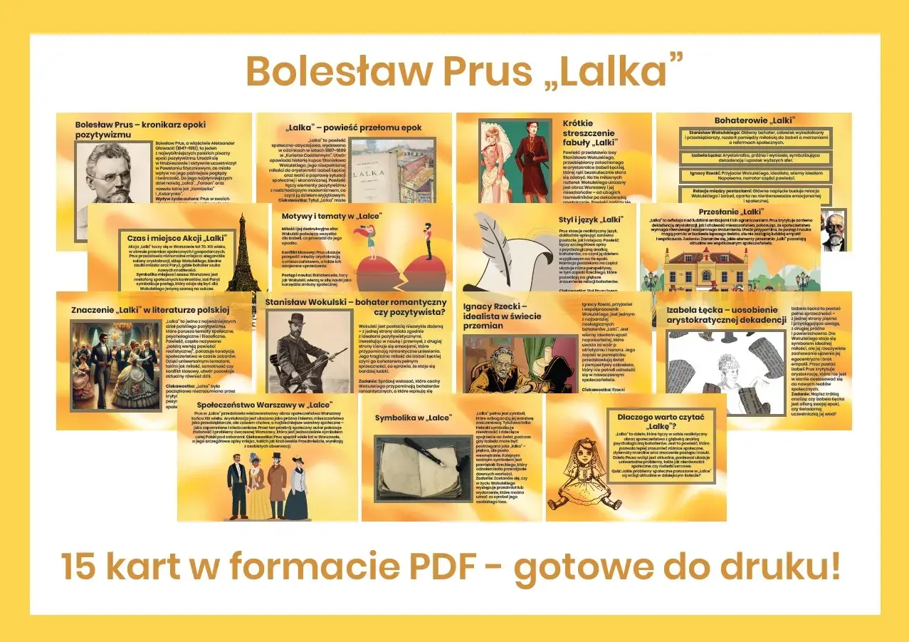 Lalka - powieść Bolesława Prusa, ukazująca społeczeństwo Warszawy końca XIX wieku. W tle wieża Eiffla, symbol postępu.