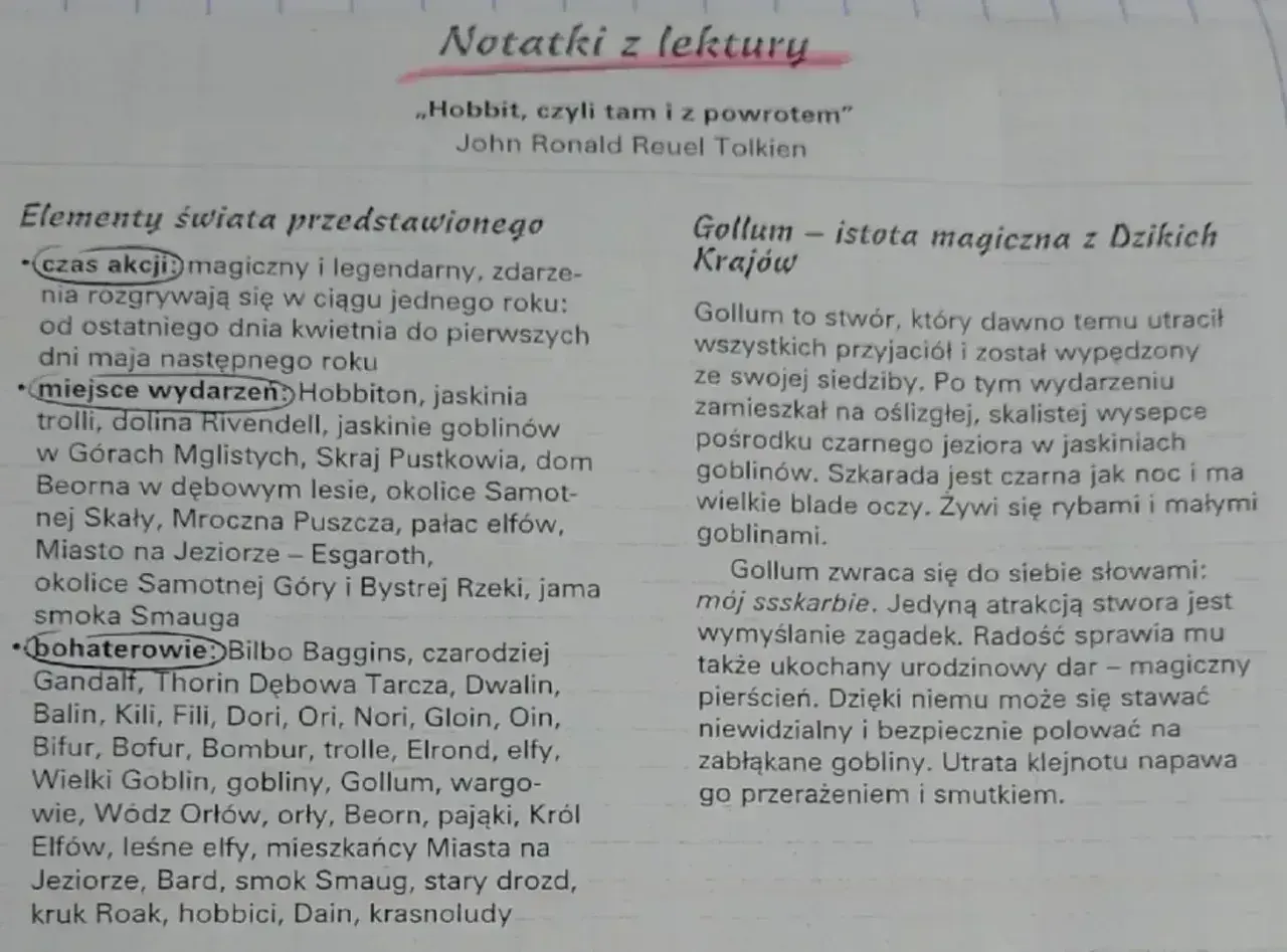 Notatki z lektury "Hobbit, czyli tam i z powrotem". Opis Golluma, jego pochodzenia i cech.