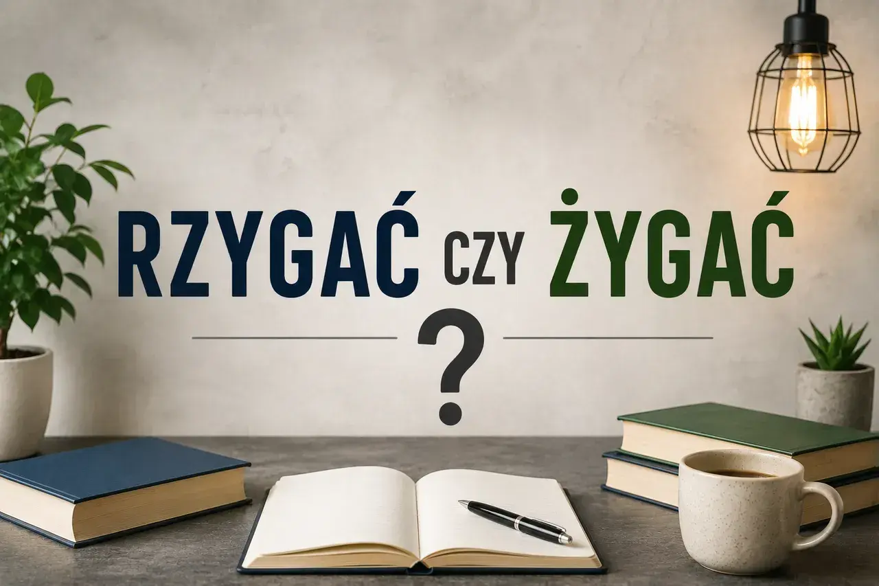 Biurko z książkami, notatnikiem i kawą. Napis: "Rzygać czy żygać?". Dylemat językowy.