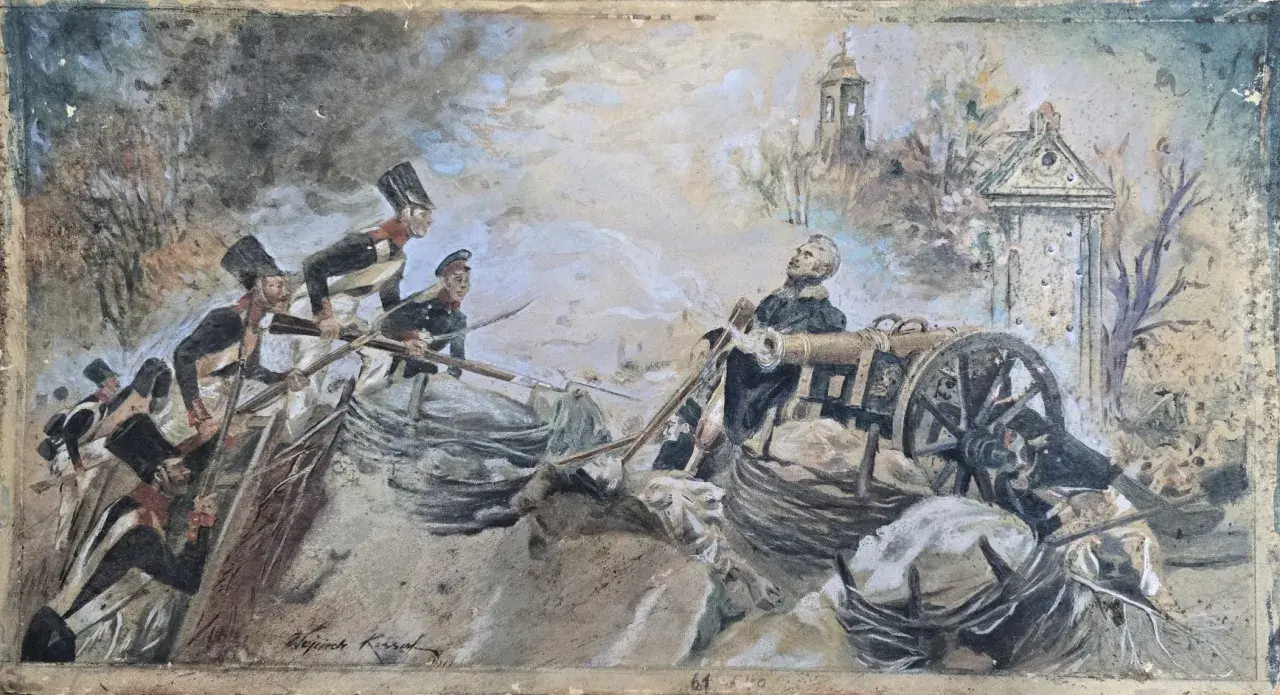Sowiński w okopach woli, walczy z artylerią. Żołnierze w historycznych strojach, dym i zniszczenia.