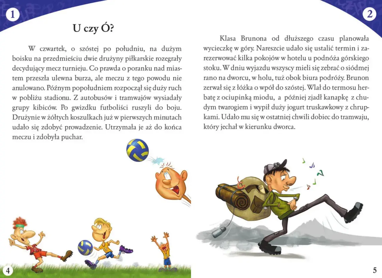 Ilustracja do dyktanda dla klasy 4. Dzieci grają w piłkę nożną, a chłopiec z plecakiem spieszy na wycieczkę.